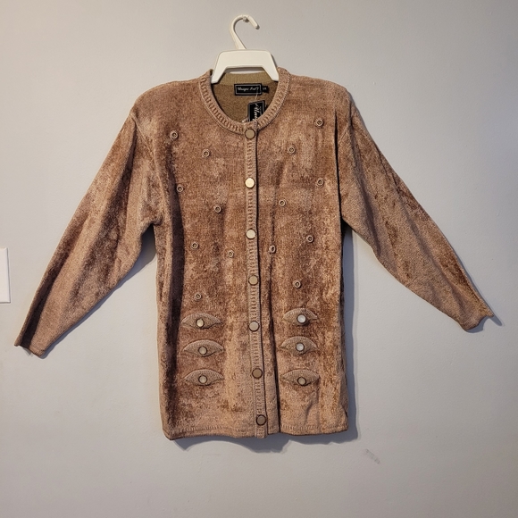 Vintage beaded velour sweater, camel brown, size large to XL - Picture 3 of 8